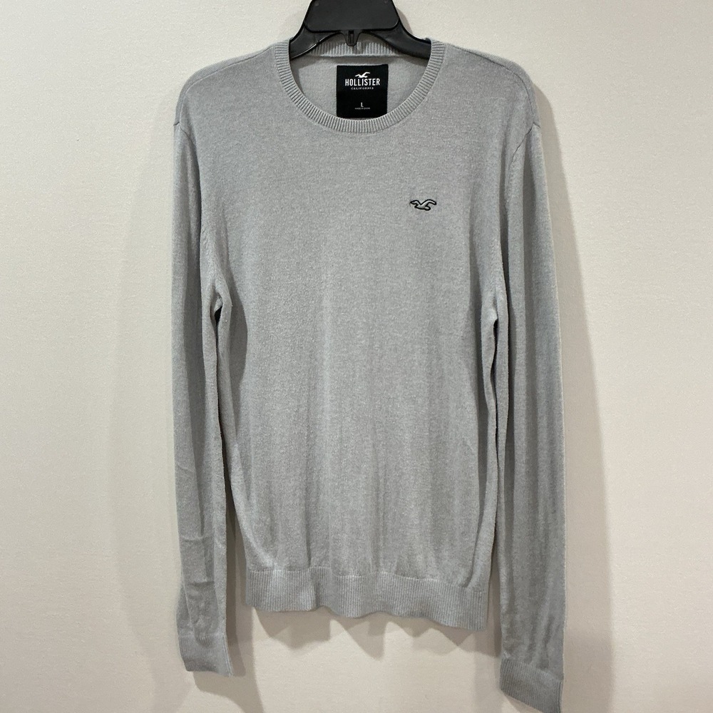 Hollister Men's Pullover Sweater Gray Large Lightweight Long Sleeve Stretch Logo